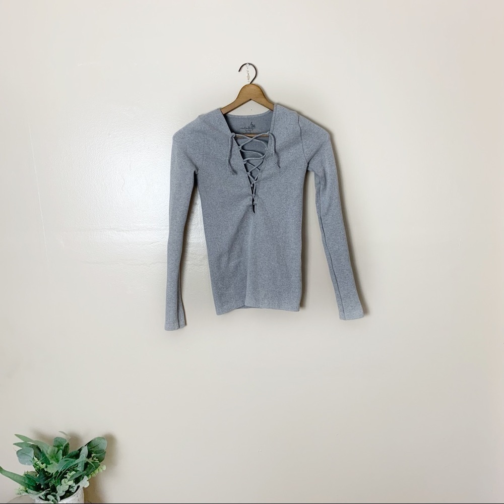 [Free People] Gray Ribbed Tie Chest Detail Long Sleeve Top